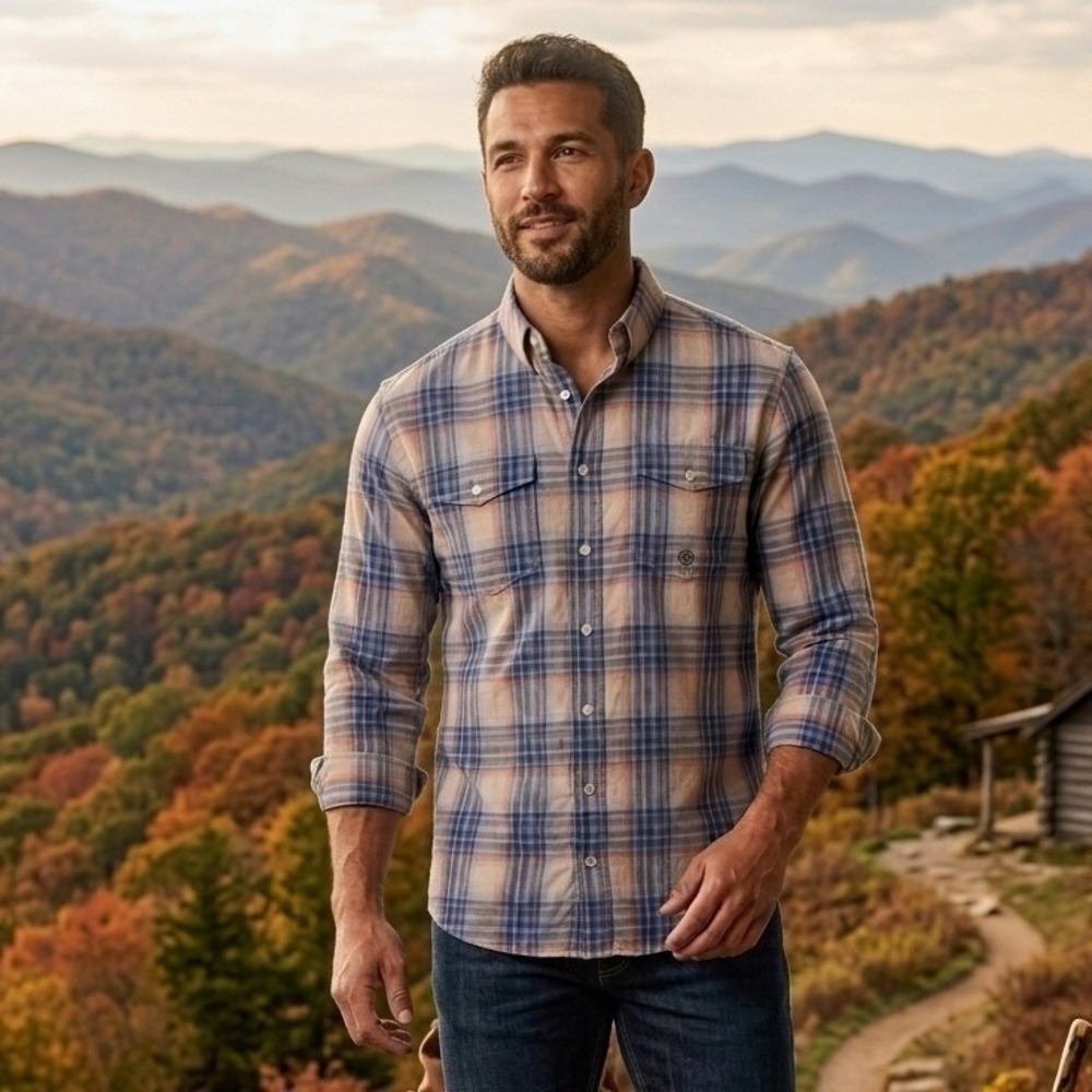 Roper Mens Medium Button Down Shirt Blue Plaid Long Sleeve Western Cotton Cowboy